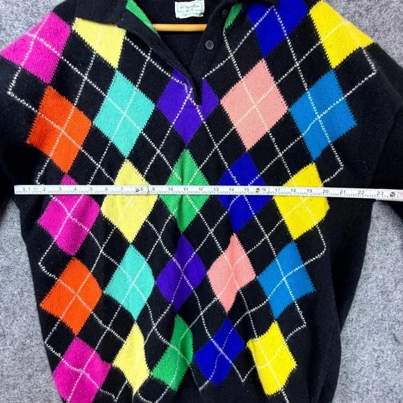 Vintage Benetton Polo Sweater Womens Black Bright Argyle Golf Retro Italian - Picture 6 of 6